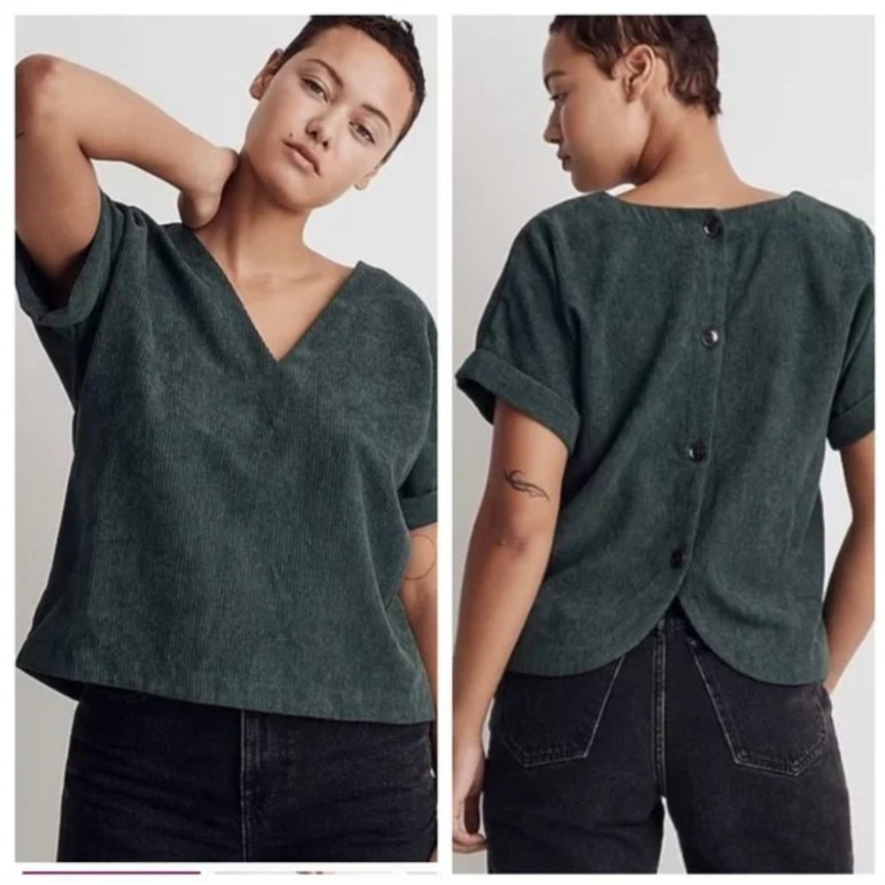 Madewell Women’s Emerald Green Corduroy V-Neck Top Textured Shirt XXS